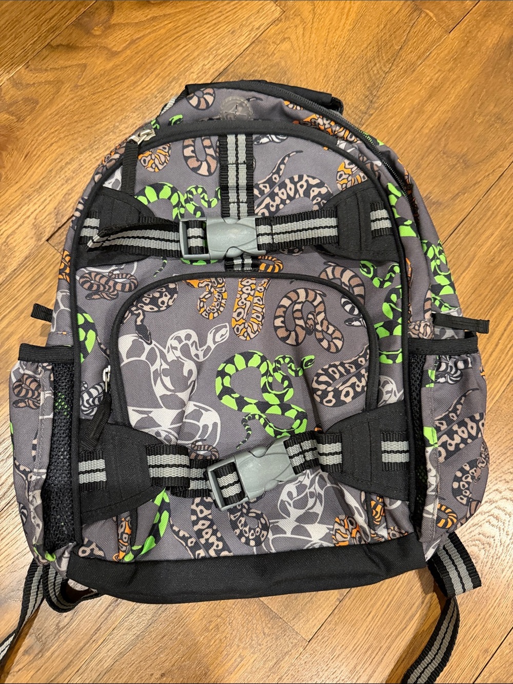 Pottery Barn Kids Grey Backpack with Neon Green & Orange Snake Print